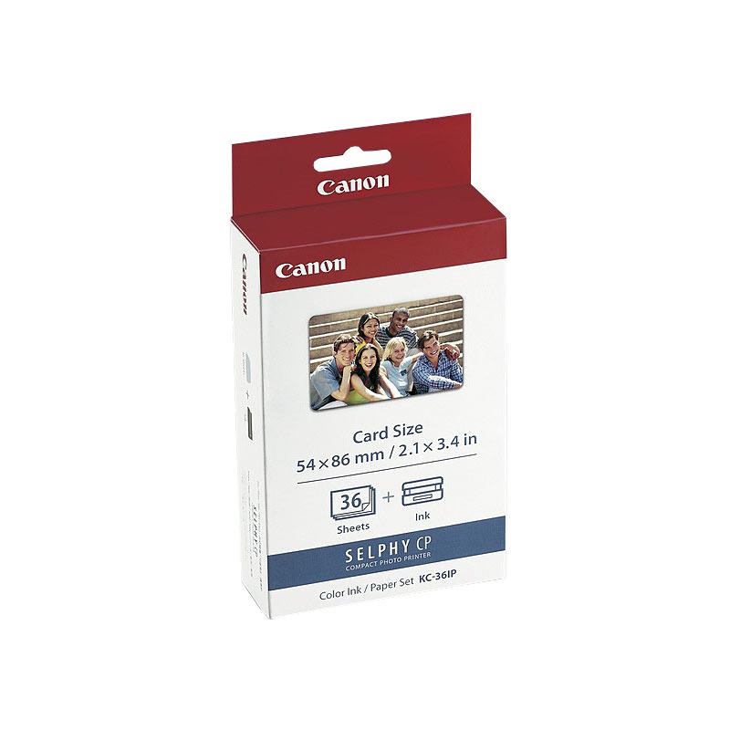 CANON KC36IP Ink & Paper Pack featuring ink cartridge and photo paper for Canon Selphy printers.